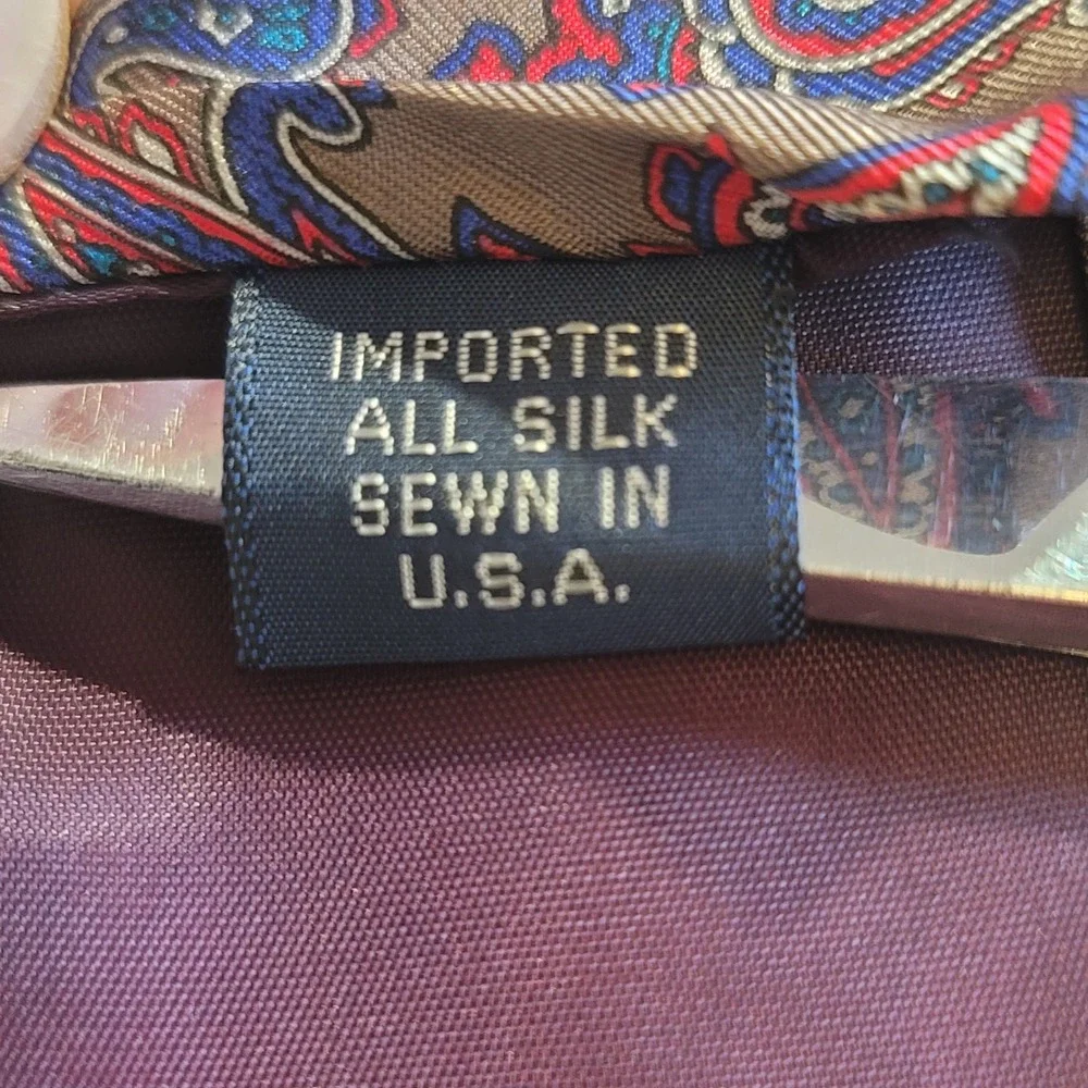 VTG Neil Martin Tie Mens OS Taupe Red Blue Paisley Silk Classic Necktie USA Made